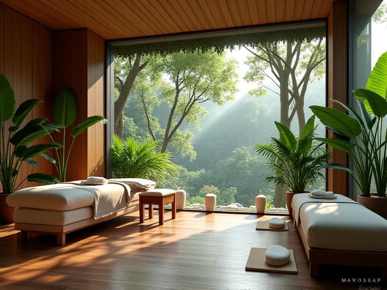 Peaceful spa interior with rainforest-themed decorations