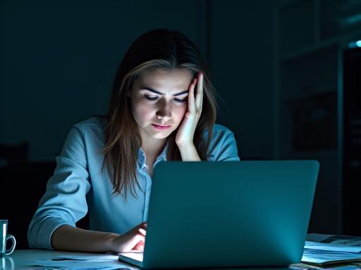 Stressed professional working late hours